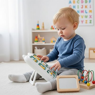 bebe assis tapis touche avec doigt busy board vert