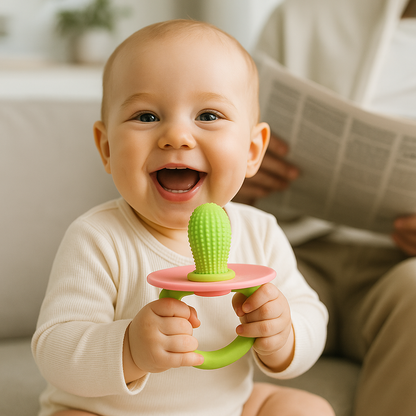 bebe assis tient anneau de dentition entre les mains