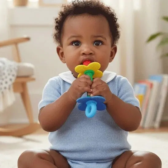 bébé assis tient anneau dentition bébé bleu bouche