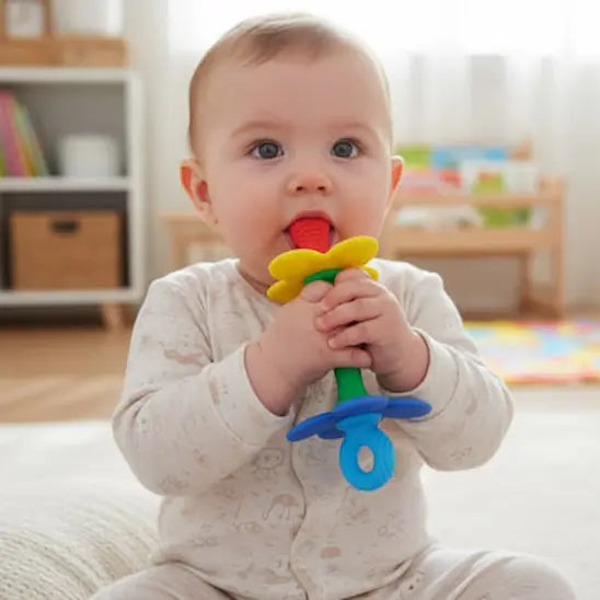 bébé assis tient avec mains anneau dentition bébé