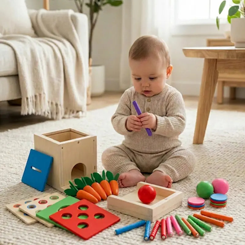 bebe assis tient bâton violet cube d'activite bebe
