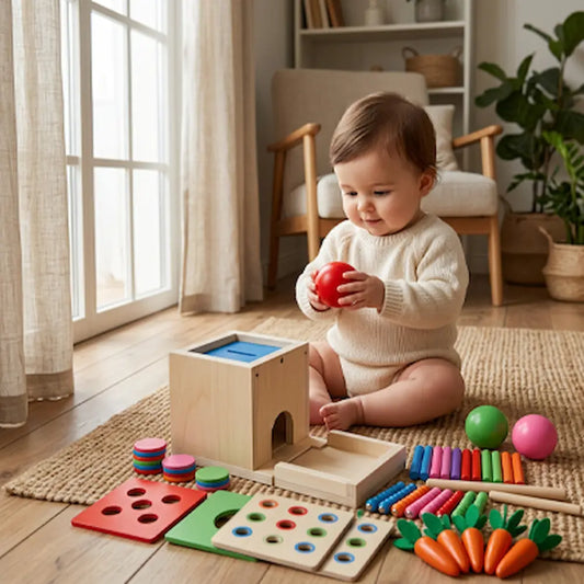 bebe-assis-tient-boule-rouge-cube-d'activite-bebe