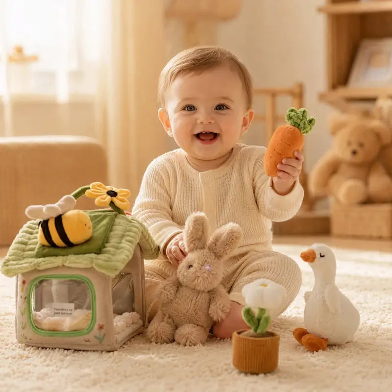 bébé assis tient carotte accessoire cube d activite bebe