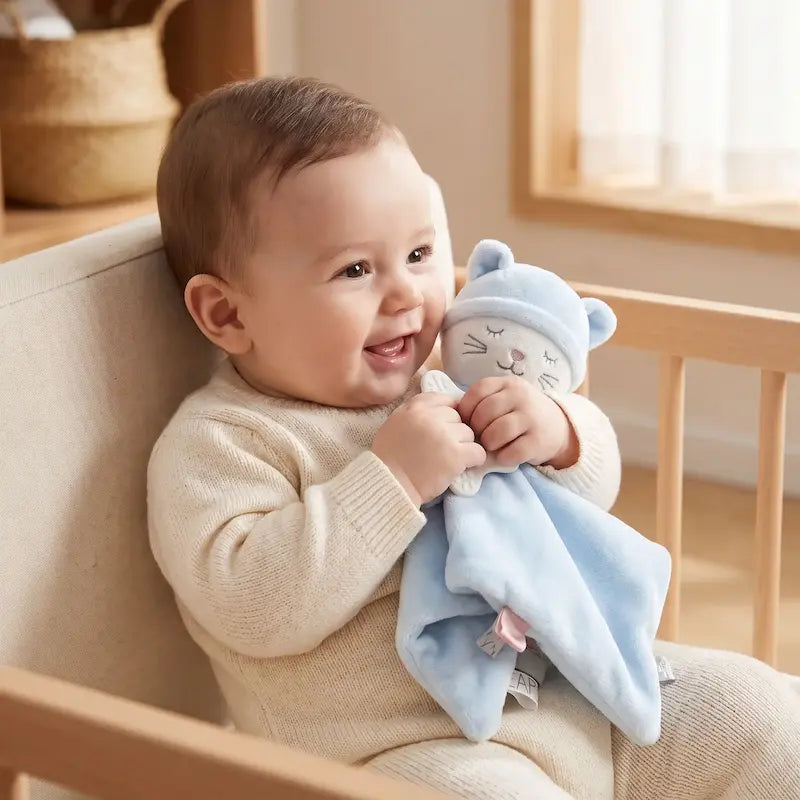 bébé assis tient contre lui doudou bebe