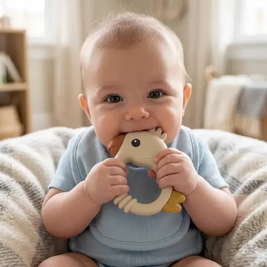 bébé assis tient deux mains bouche anneau dentition bebe blanc