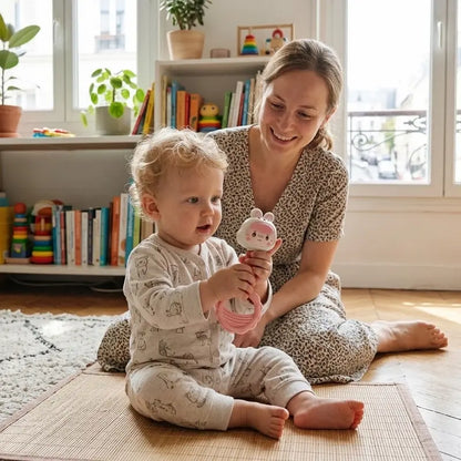 bébé assis tient hochet bébé lapin rose mains maman sourit