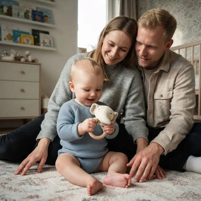 bébé assis tient hochet bébé papa maman sourient