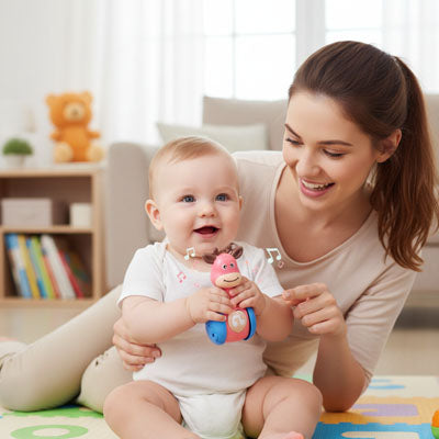 bebe assis tient jouet bebe 1 an maman allongee