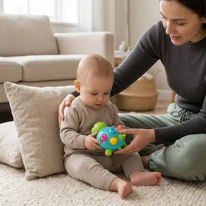 bébé assis tient jouet bebe dans mains maman surveille