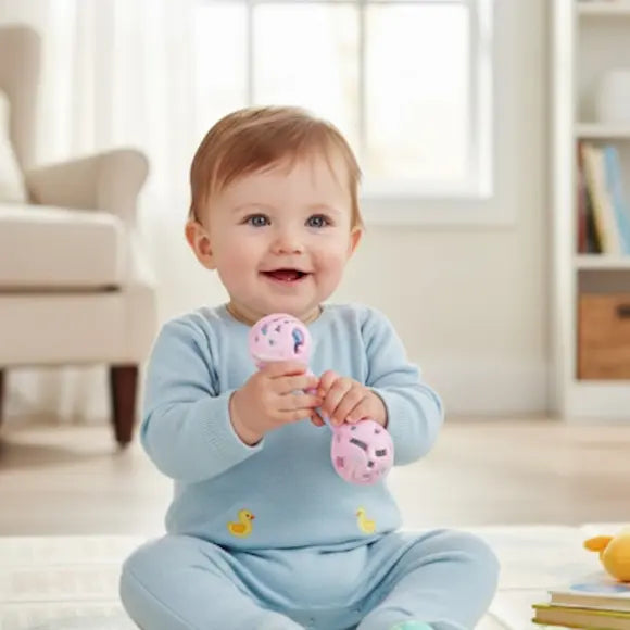 bébé assis tient main hochet bebe