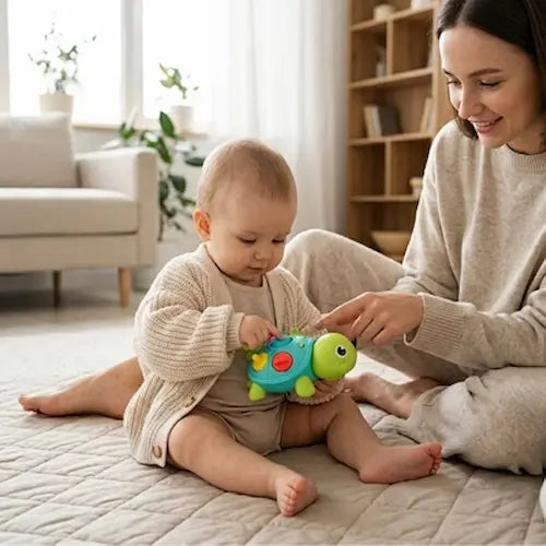 bébé assis tient mains jouet bebe touche boutons maman montre
