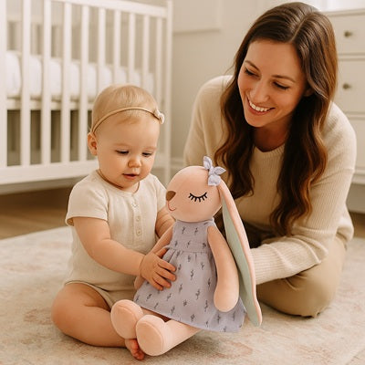 bebe assis tient peluche lapin maman sourit