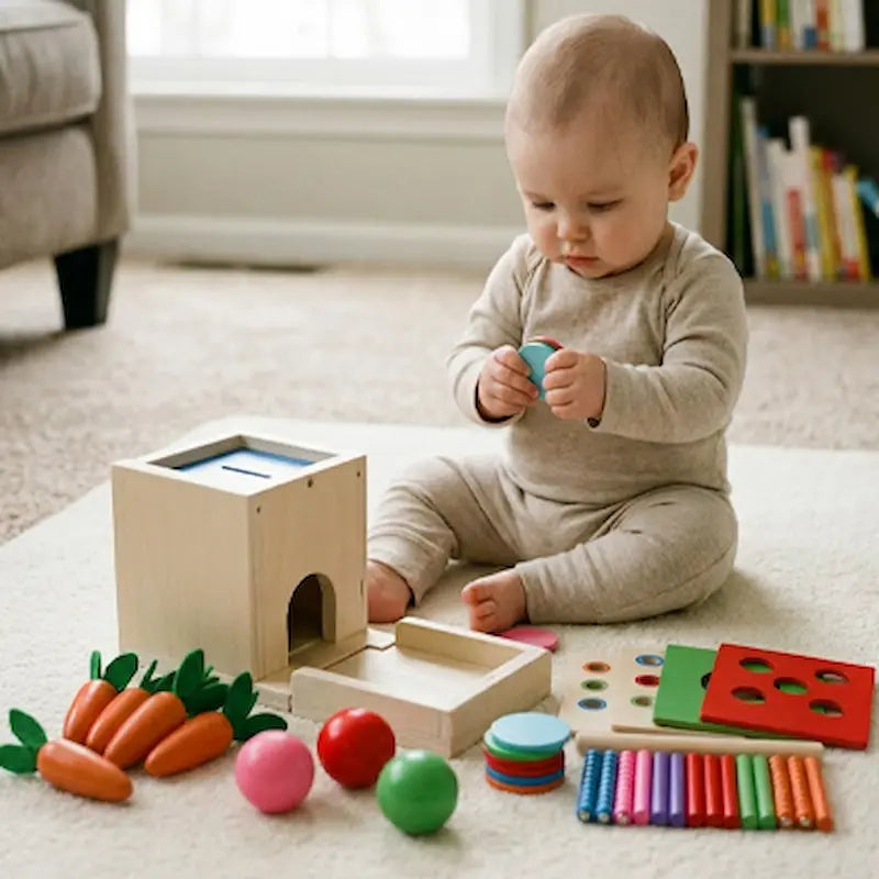 bebe assis tient pièce ronde bleue cube d'activite bebe