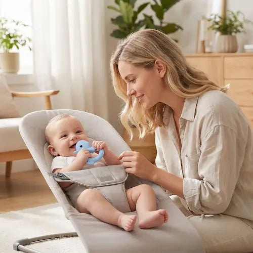 bébé assis transat tient anneau dentition bebe maman regarde bébé