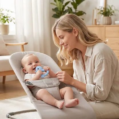 bébé assis transat tient anneau dentition bebe maman regarde bébé
