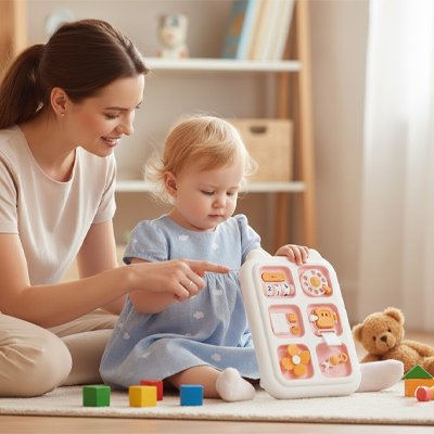 bebe assise avec maman decouvre busy board rose