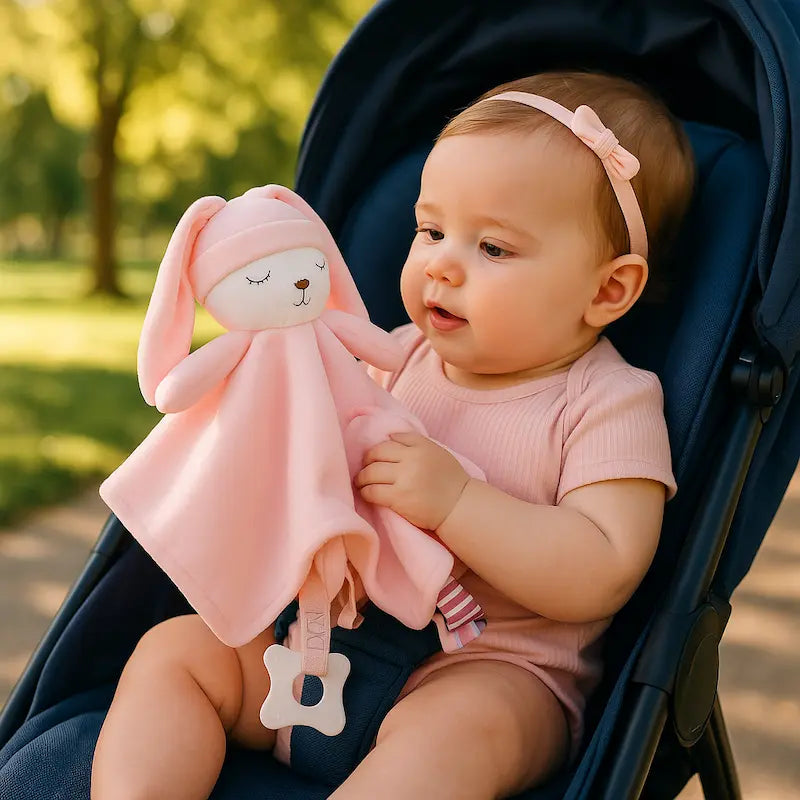 bébé assise poussette tient doudou bebe lapin rose