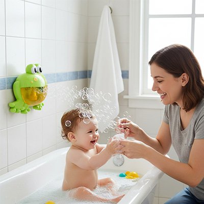 bebe baignoire maman joue avec bulles jouet de bain grenouille