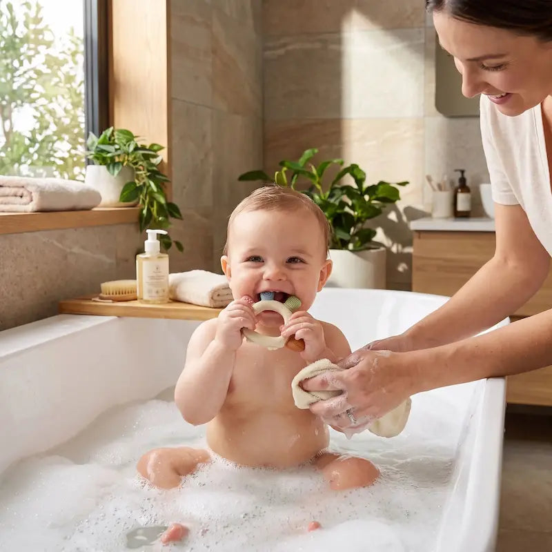 bébé bain mord anneau dentition bébé maman lave bébé