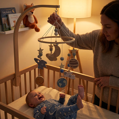 bebe berceau eveille maman tient mobile bebe lumiere tamisee