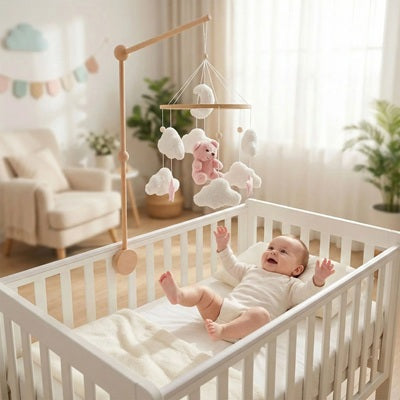 bebe berceau leve mains pieds regarde mobile bebe ourson