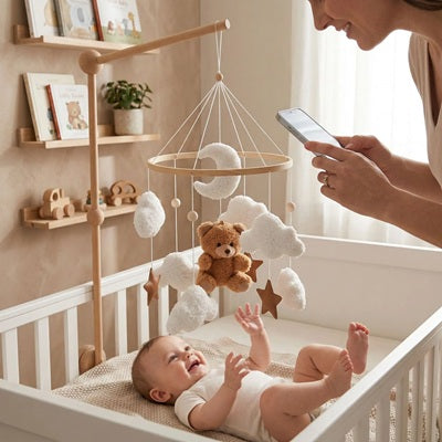 bebe berceau regarde maman photo avec mobile bebe ourson