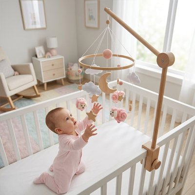 bebe berceau touche mobile pour bébé bois moutons roses