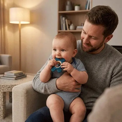 bebe bras papa canape mordille anneau de dentition bleu