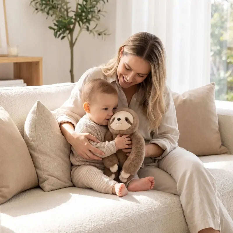 bébé canapé câline peluche bebe maman tient bébé