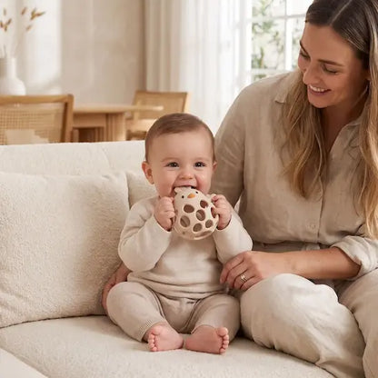 bébé canape mord anneau de dentition bébé beige maman sourit