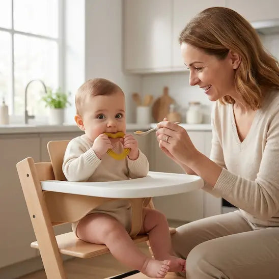 bébé chaise haute mord anneau dentition bebe maman donne repas