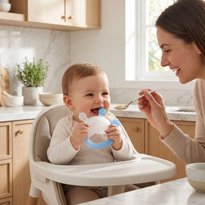 bebe chaise haute tient anneau de dentition maman donne repas