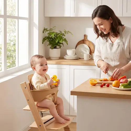 bébé chaise haute tient anneau dentition bebe canard maman cuisine