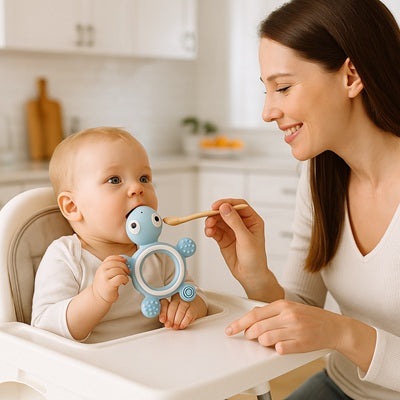 bebe chaise haute tient anneau dentition bebe maman donne repas