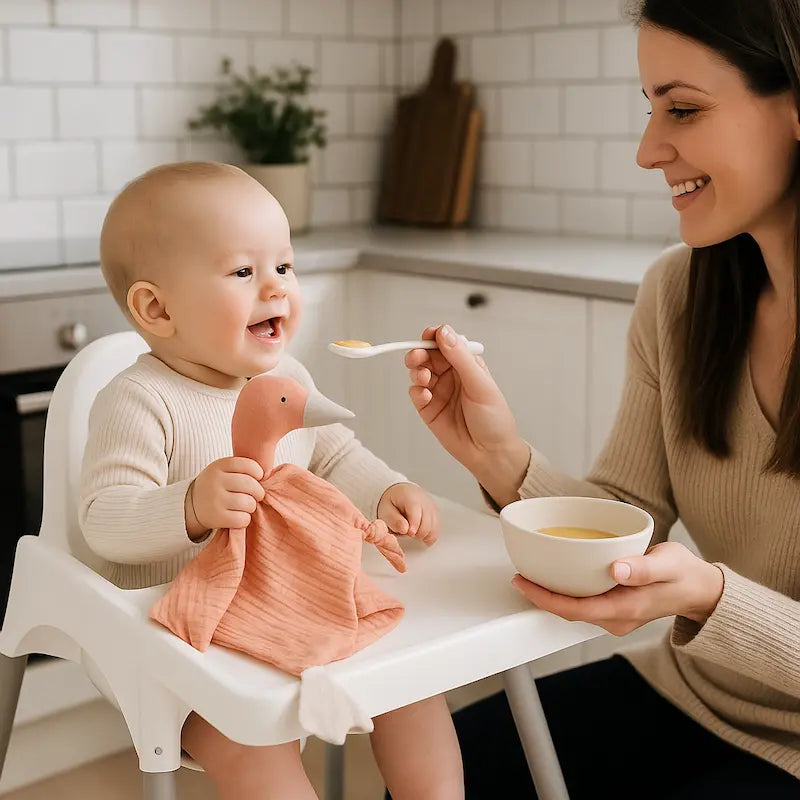bébé chaise haute tient doudou bebe maman donne repas bébé