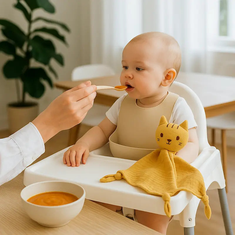 bébé chaise haute tient doudou bebe maman donne repas