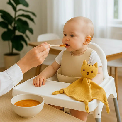 bébé chaise haute tient doudou bebe maman donne repas