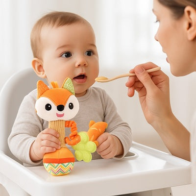 bebe chaise haute tient hochet bebe maman fait manger bebe