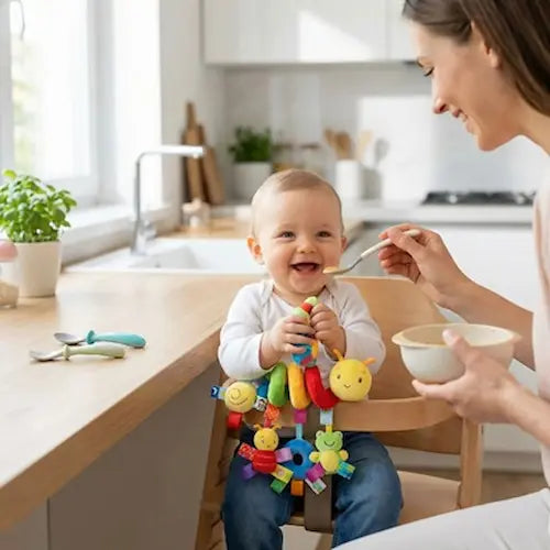 bébé chaise haute tient hochet pour bebe maman fait manger