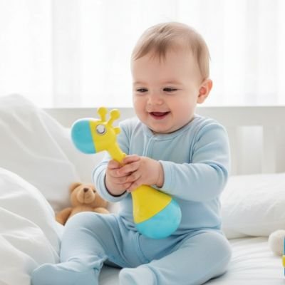 bebe curieux assis decouvre hochet bebe girafe