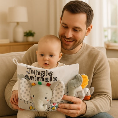 bebe curieux assis genou papa regarde livre bebe elephant