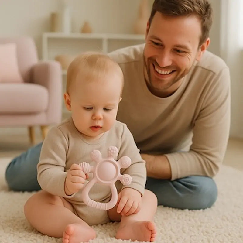 bébé curieux assis moquette tient anneau de dentition papa sourit