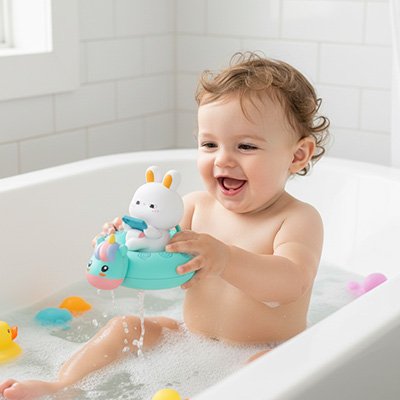bebe dans baignoire tient avec mains jouet de bain lapin
