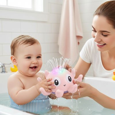 bebe dans bain avec jouet baignoire bebe tenu par maman
