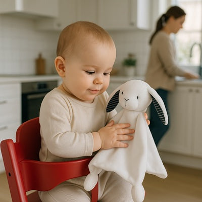 bebe dans chaise haute caresse doudou bebe