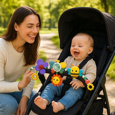 bebe dans poussette joue avec mobile pour bebe