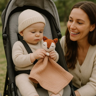 bebe dans poussette tient doudou bebe renard maman sourit