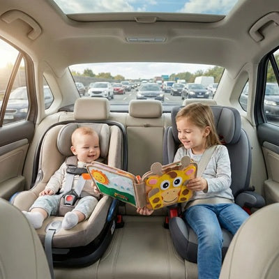 bebe dans voiture regarde livre pour bebe avec grande soeur