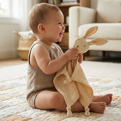 bebe de profil assis tapis tient doudou bebe lapin beige