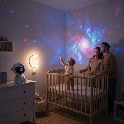 bebe debout berceau parents regarde animation veilleuse projection bebe